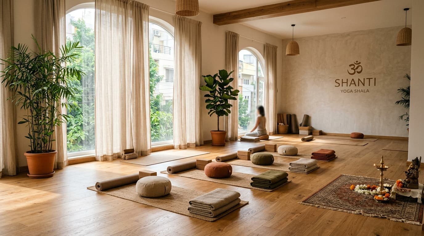 Natural light yoga studio with cork mats and plants