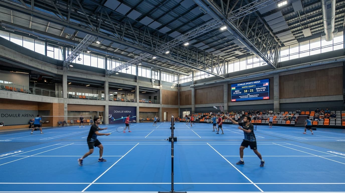 Synthetic badminton courts with players and spectator benches